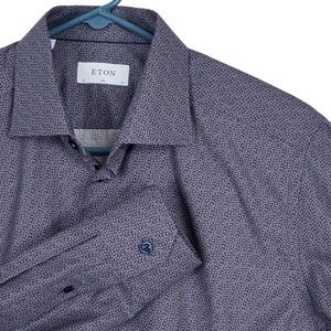 Eton Button Down Shirt Mens 16 Slim Navy Blue Micro Leaf Print 100% Cotton